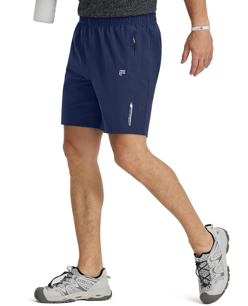 FOGFIRE Men's Athletic Running Shorts with Zipper Pockets Quick Dry Drawstring 7" Gym Shorts for Basketball Workout Jogging-Navy