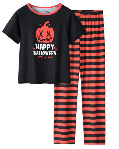 UNICABBIT21 Pajamas for Boys Cute Black Pumpkin Halloween Short Sleeve and Pants Sleepwear 2-pieces Big Kids Summer PJS Size 14