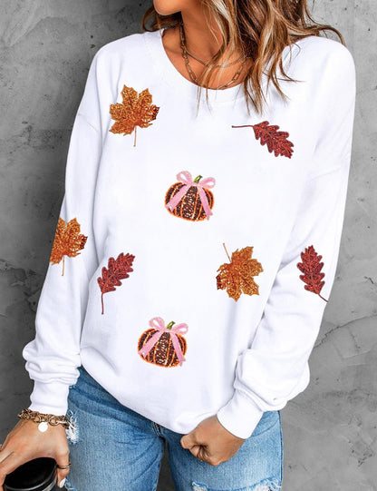 Ecosunny Halloween Sweatshirts for Women Sequin Patched Round Neck Long Sleeve Fall Holiday Casual Pullover Tops White XL
