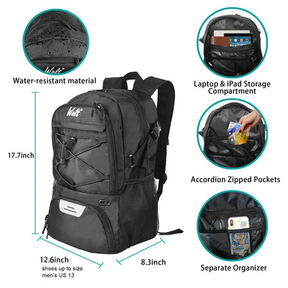 WOLT | Basketball Backpack Large Sports Bag with Separate Ball Holder & Shoes Compartment, Best for Basketball, Soccer, Volleyball, Swim, Gym, Travel(Black)