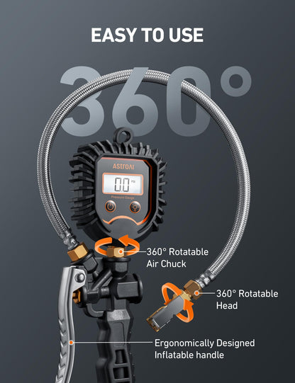 AstroAI Digital Tire Pressure Gauge, Heavy Duty Tire Inflator Gauge 250PSI Air Chuck Compressor Accessories with Stainless Braided Hose, Rotatable Dial&Quick Connect Coupler for Truck/RV/SUV