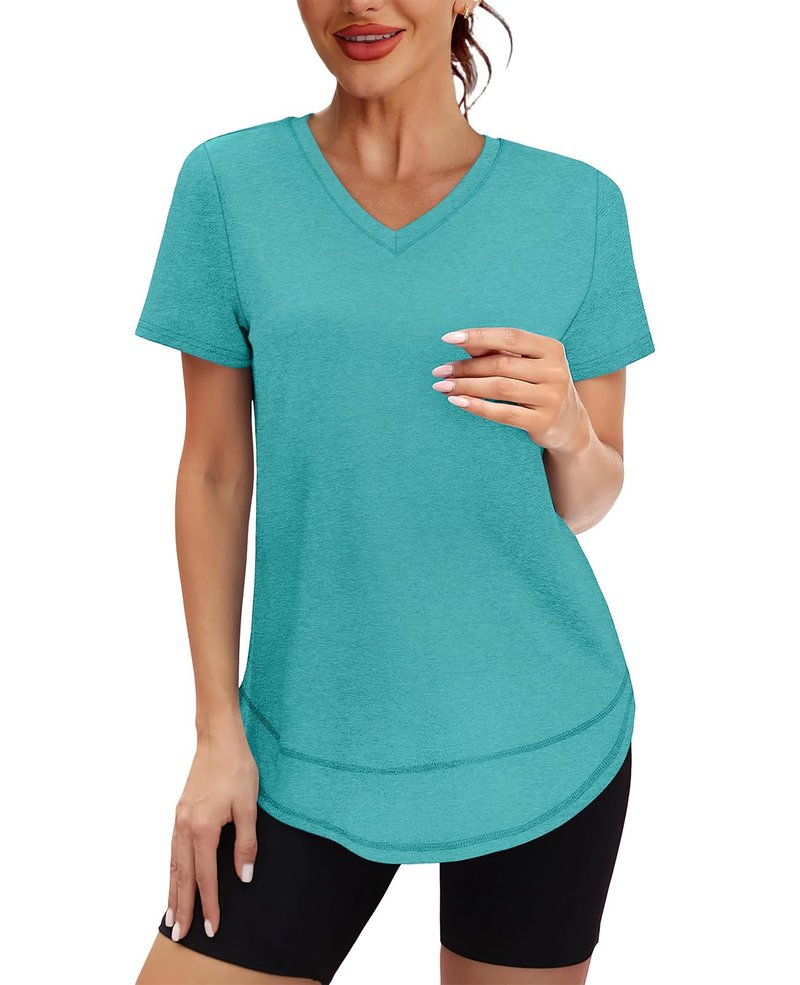Oversized Tshirts for Women Dry Fit Plus Size Spring Clothes Summer Athletic Tops Workout Shirts V Neck Aqua 3XL