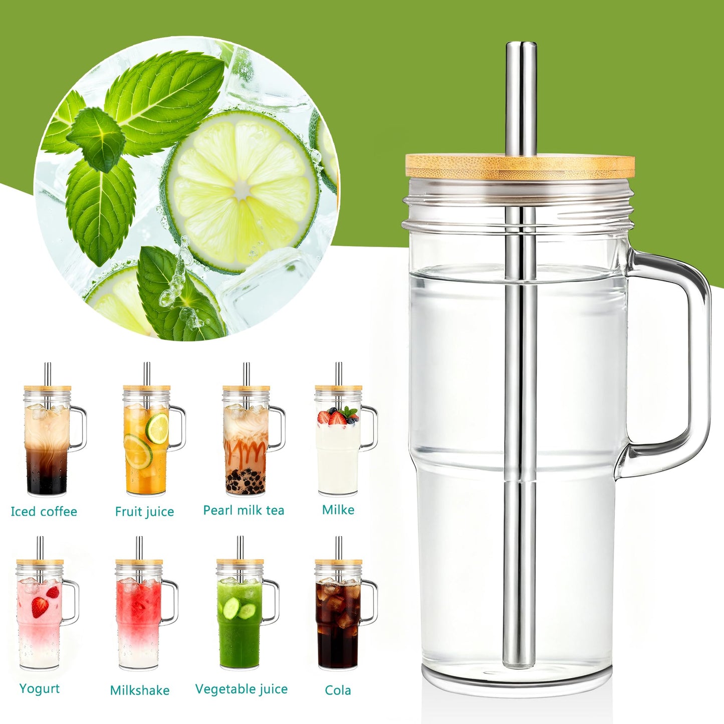 Birity 24oz Glass Cups with Lids and Straws,Glass Tumbler with Handle,2 set–Reusable Glass Ice Coffee Cups with Lid and Straw for Smoothies,Tea,Juice,Boba Cup for Cold & Hot Drinks,Travel Cup