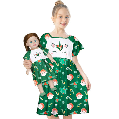 Play Tailor Doll and Girl Matching Nightgown Unicorn Outfit Pajamas Night Dress for Girls and 18" Dolls Clothes, Green, 6-7Y