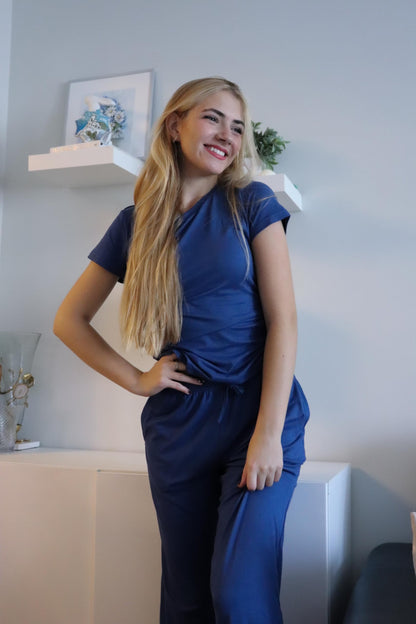 Ekouaer Women's 2 Piece Lounge Sets Ruched Short Sleeve Top and Wide Leg Pants Loungewear Tracksuit Sets with Pockets