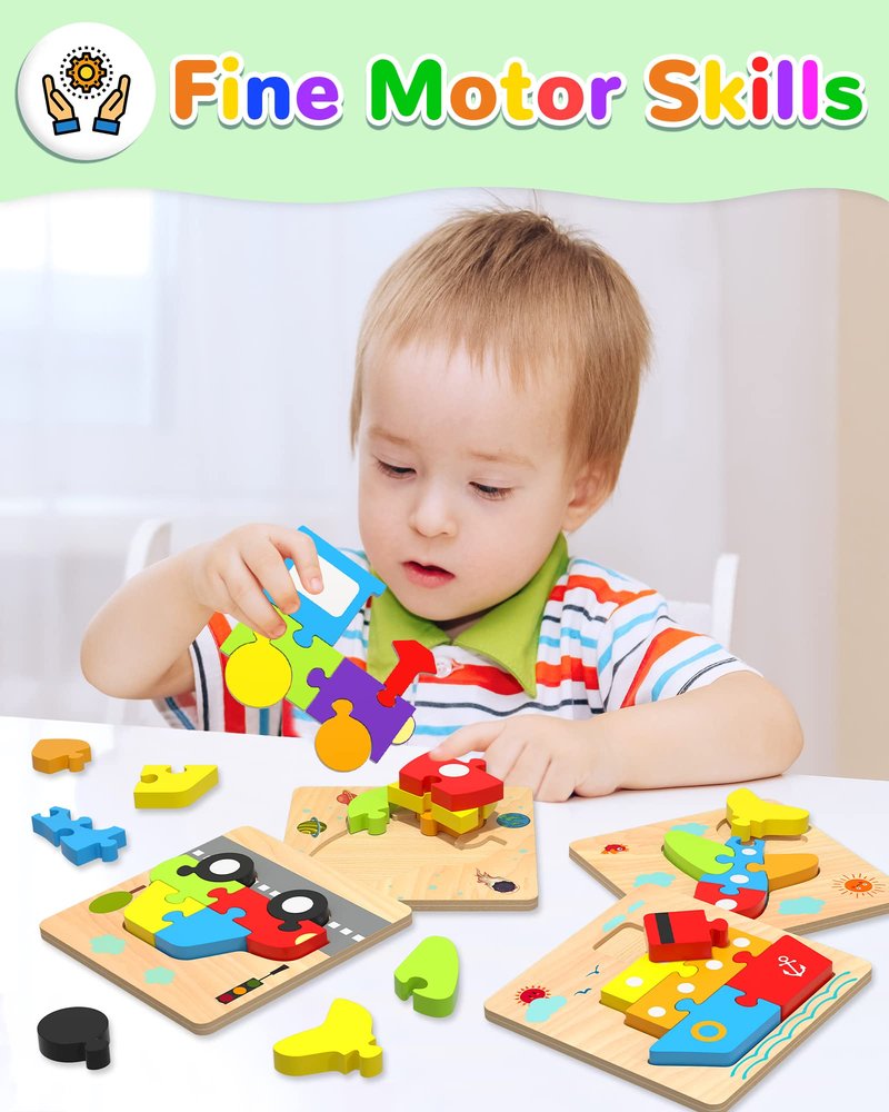 Yetonamr Wooden Toddler Puzzles Gifts Toys for 1 2 3 Years Old Boys Girls, 6 Vehicle Shape Montessori Toys Educational Blocks Kids Toys Gift Baby Learning Toy Age 1-3, 2-4