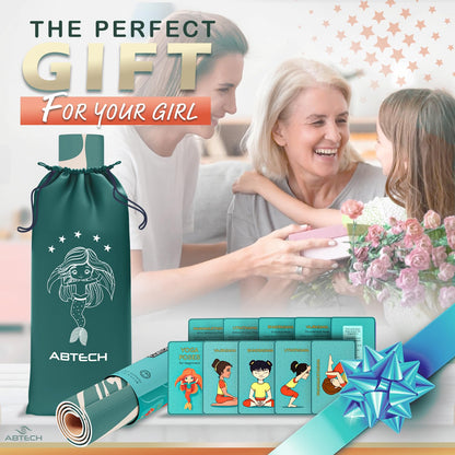 Abtech Yoga Mat for Kids - Mermaid Design for Girls - Comfortable, Chemical Free, Non-Toxic, Non-Slip Mat - 60 x 24 x 0.2 In. w/ 12 Yoga Cards for Kids - Cute Carrier Bag - Blue, Age 3-12