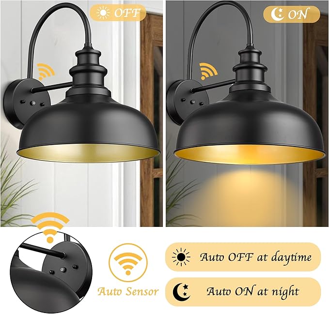 Bestshared 16 Inch Dome Large Dusk to Dawn Sensor Gooseneck Barn Light Farmhouse Outdoor Wall Sconce Industrial Exterior Wall Lighting Fixture, Outside Lantern Garage Lamp (Black+Gold,16” Dome-1Pack)