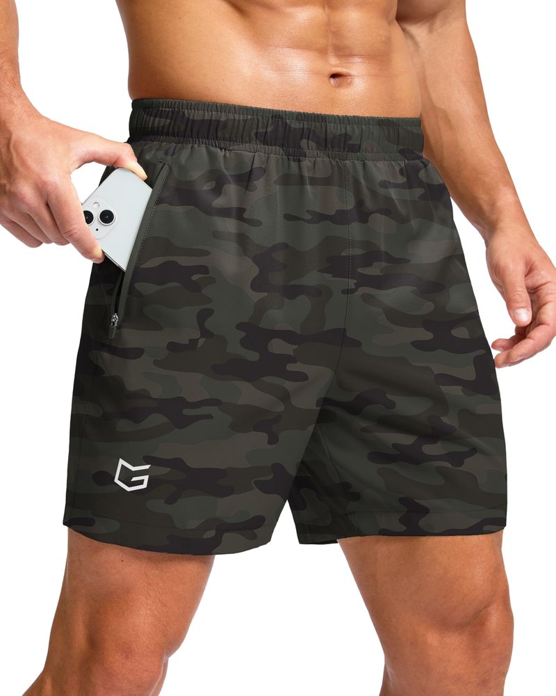 G Gradual Men's Athletic Running Shorts with Zipper Pockets Quick Dry 7"/ 5"/ 9" Workout Gym Shorts for Basketball Hiking(Green Camo,5S)