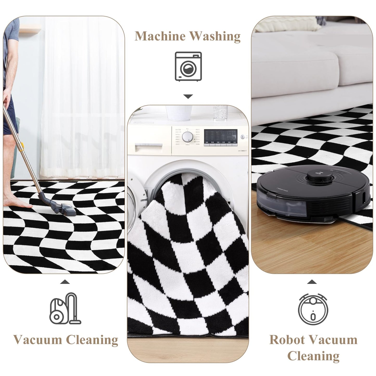 Yamaziot 8x10 Large Checkered Area Rug, Non-Slip Soft Washable Living Room Rug with Rubber Backing, Low Pile Rug Floor Carpet for Dinning Room, Bedroom, Black