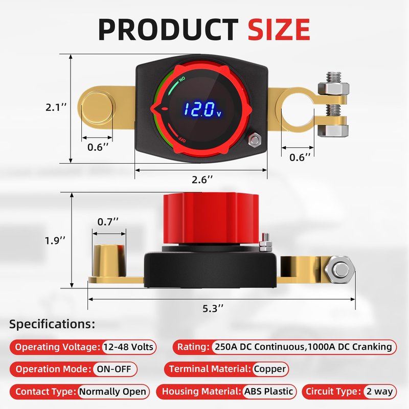Joinfworld Top Post Battery Disconnect Switch 12V-48V with Led Voltmeter, DC 5-60V Battery Kill Switch Negative On/Off Battery Cut Off Switch for Marine, Cars, Vehicles, RVs and Boats