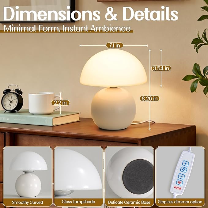 Small Mushroom Lamp,USB-Plug in Bedside Table Lamps with 3-Temperature LED Bulb Dimmable,Unique Cute Aesthetic Home Decor for Living Room,Bedroom, Modern Ceramic Base Glass Lamp(White)
