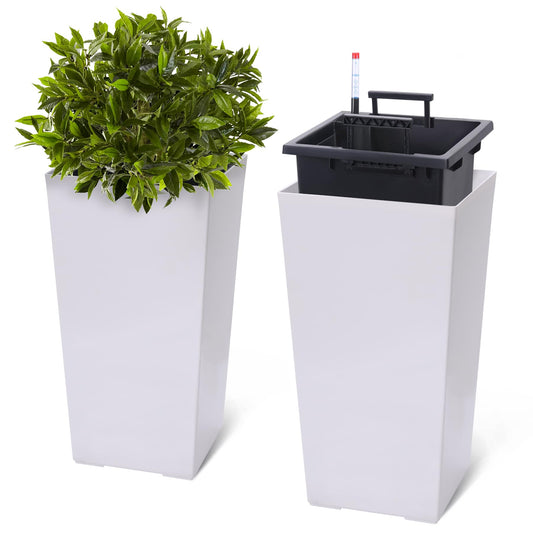CABIHOME 22.5In Tall Planter, High Front Porch Plant Pots with Water Level Monitor, Detachable Inner Bucket & Drainage Holes, Indoor/Outdoor Decorative Flower Pot for Patio & Garden (Set of 2)