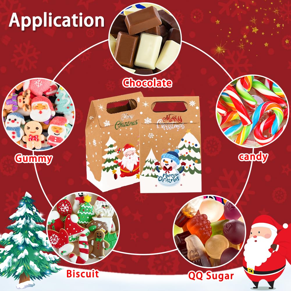 Vellibring 24PCS Christmas Kraft Candy Boxes, Kraft Paper Cookies Candy Treat Boxes Bags for Christmas Gift Wrapping Boxes Xmas Party Supplies Decorations
