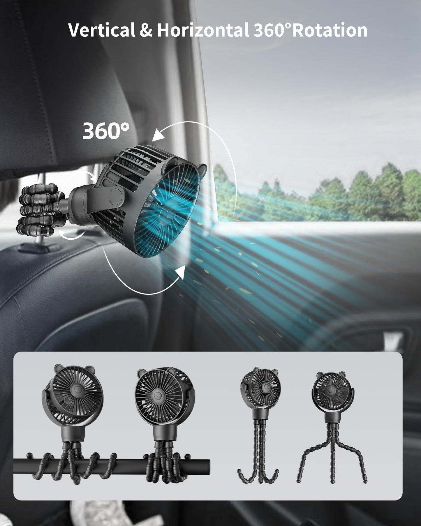 GOTOTO Baby Stroller Fan, Rechargeable Portable Fan with 2000 mAh Battery Operated,3 Wind Speed,360-Degree Rotation,Ultra-Low Noise Level,Safe mini fan for your baby