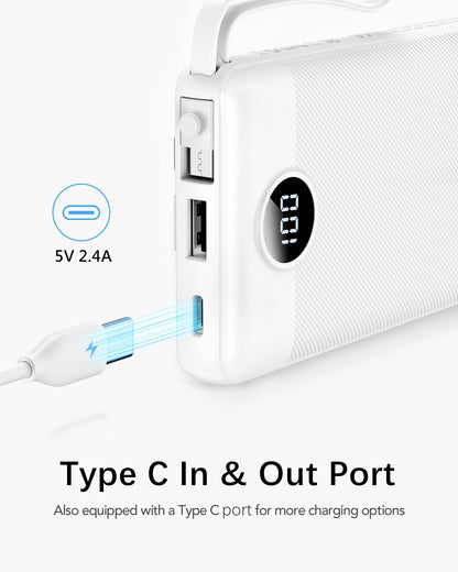 VRURC Portable Charger with Built in Cables, Slim Power Bank 10000mAh, USB C Battery Pack Travel Essential, 5 Outputs 2 Inputs Phone Charging Bank for iPhone 16 15 14 13,Samsung,Android-Black(1 Pack)