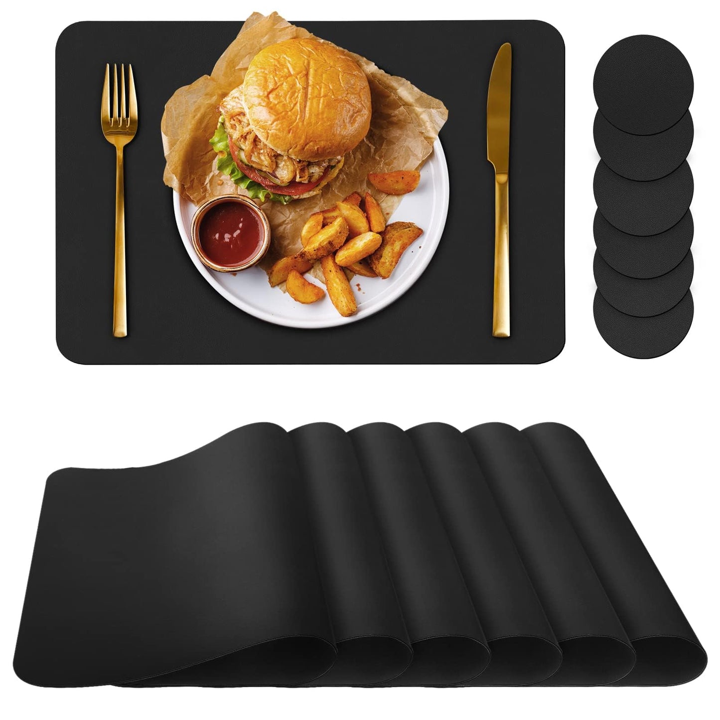 Bacgnyer Placemats Set of 6 Placemat with Coasters Heat Stain Scratch Resistant Non-Slip Waterproof Oil-Proof Washable Wipeable Outdoor Indoor for Dining Patio Table Kitchen Decor and Kids (Black 6)