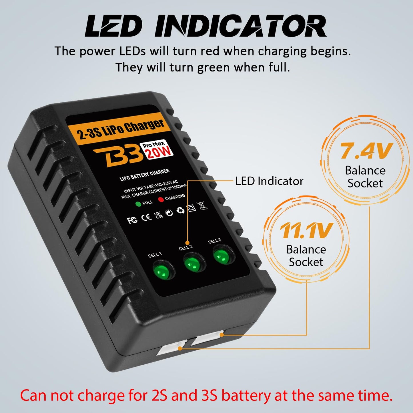 HTRC Lipo Battery Charger, 20W Lipo Charger for 2-3S Lipo Battery Pack(7.4V-11.1V), Airsoft Battery Charger, Fast RC Balance Charger for RC Car, Airsoft Gun, RC Boat, Etc