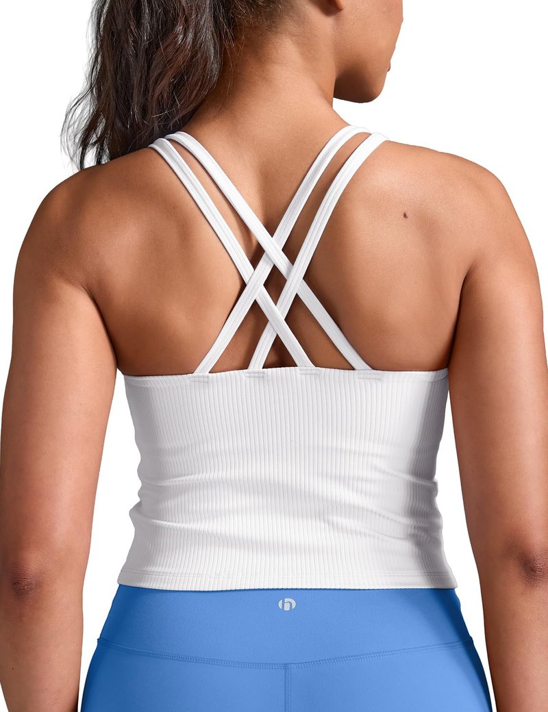 HeyNuts Zeal Longline Ribbed Sports Bras for Women, Medium Impact Wirefree Yoga Tank Tops Criss Cross Back Crop Tops Workout Bras White M