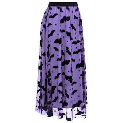 CHICWISH Women's Purple Tulle Tutu Skirt Velvet Bats Elastic Waist Halloween Party Layered Mesh Midi Skirt Halloween Costumes