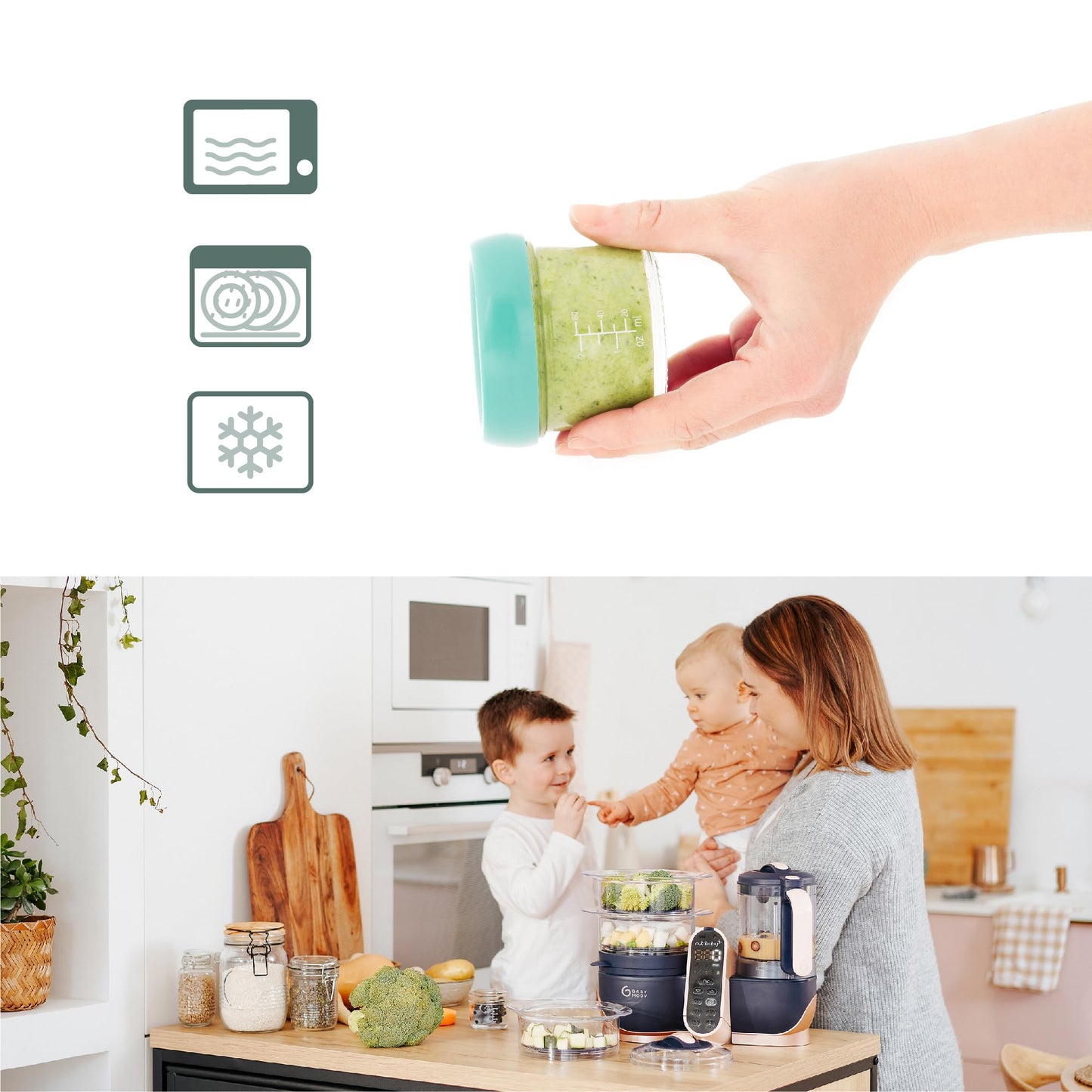 Babymoov Baby Glass Food Jars, Set of 4 (8oz Each) BPA-Free Storage Containers, Leakproof Lids, Microwave, Freezer & Dishwasher Safe, Baby Registry Essential