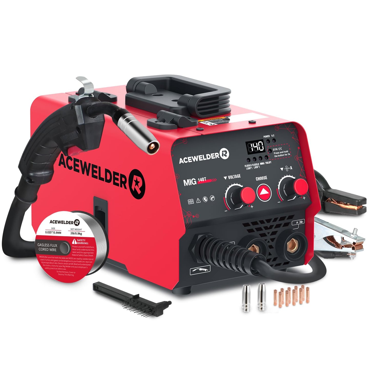 ACEWELDER 140A Gasless Flux Core MIG Welder/Lift TIG/Stick 3 in 1 Welding Machine 110V Portable IGBT Inverter Synergy Welder Machine