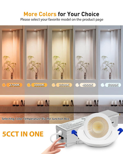 Adetu 2 Inch 5CCT Gimbal Led Recessed Lighting with Junction Box, 360°+90° Adjustable Recessed Can Lights, 2700K/3000K/3500K/4000K/5000K Selectable, 5W Eqv 50W, 550LM Brightness - ETL (White,12 Pack)