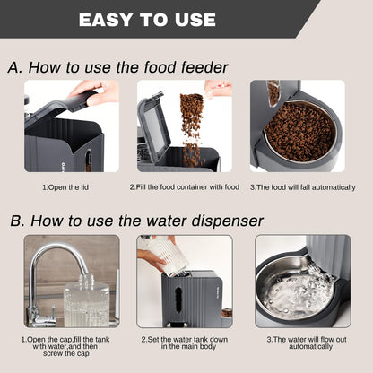 Gardner Pet 2 in 1 Automatic Cat Feeder and Water Dispenser 3L*2, Cat Bowls with Stainless Steel Bowl, Gravity Dog Water Dispenser, 100% BPA-Free, No Electricity Required, Dark Grey