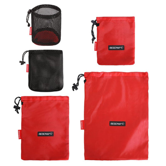 REDCAMP 5PCS Small Ditty Bags Set for Backpacking, Ultralight Nylon Mesh Drawstring Stuff Sack Assortment Storage Pouch Bags for Outdoor Camping Indoor Home, Red