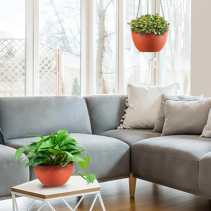 Set of 2 8 Inch Self Watering Hanging Planters for Indoor Outdoor Plants, Light Textured Hanging Baskets Flower Pots with Drainage Hole & Plug and 20" Chain Hanger