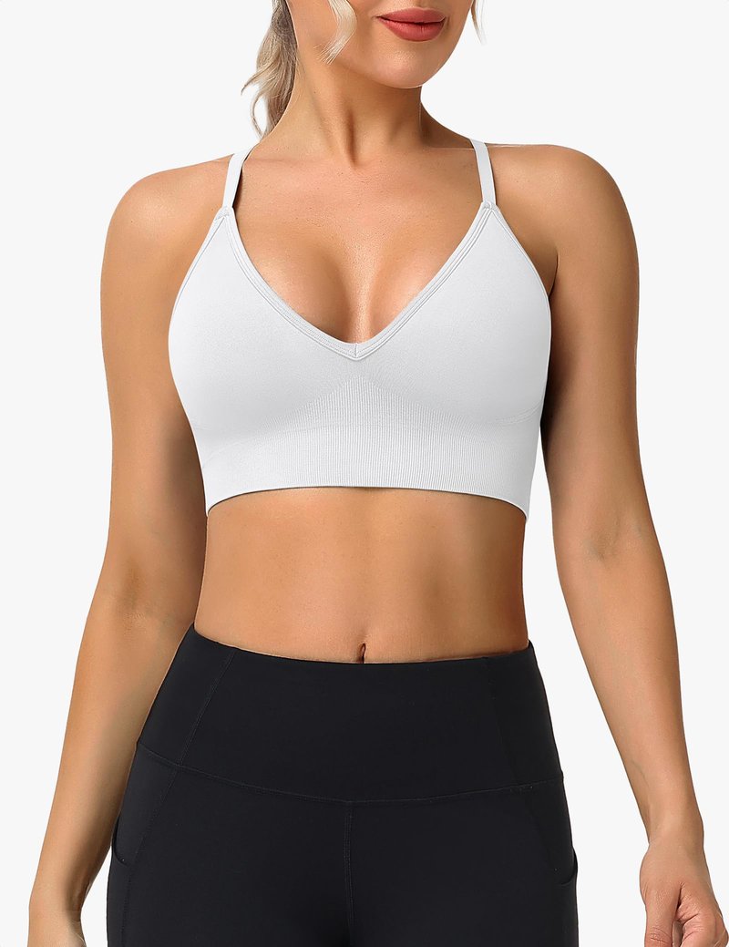 WANAYOU Sports Bras for Women, V Neck Adjustable Spaghetti Strap Criss Cross Sports Bra Padded Low Impact Wireless Seamless Sexy Bralettes for Athletic 3 Pack Black White Blue Medium