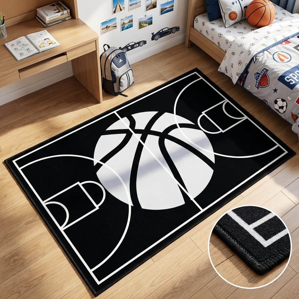 Basketball Court Rug - Basketball Rug for Boys Bedroom Sports Carpet for Boys Bedroom Sports Rug for Room Decor,Black,2'5''×4'
