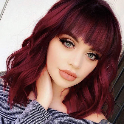 Colorfulpanda Short Bob Wigs for Women Wine Red Wavy Curly Wig with Bangs Natural Synthetic Heat Resistant Hair Wig Cosplay or Daily Use 14 Inch