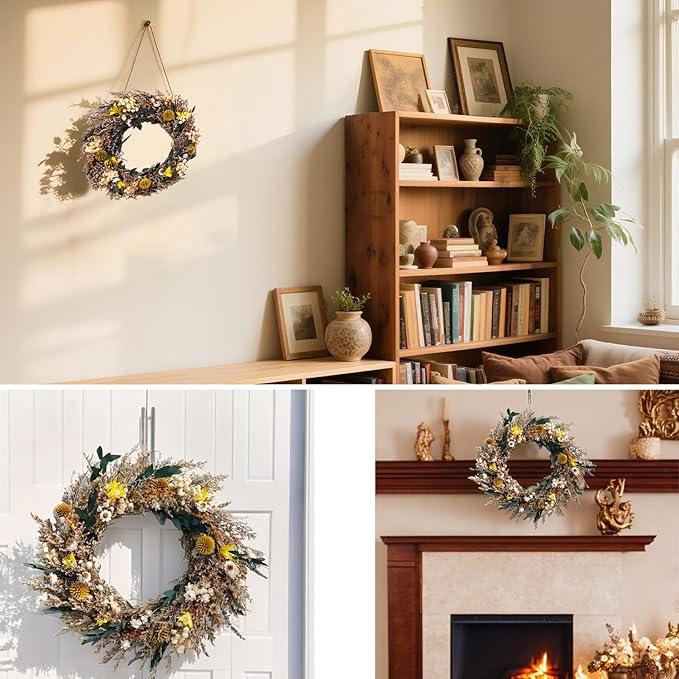 Handmade Dried Flower Wreath – 10 Inch Real Plant Floral Ring, Rustic Boho Wall Decor for Home, Front Door, Wedding, Fall Decor