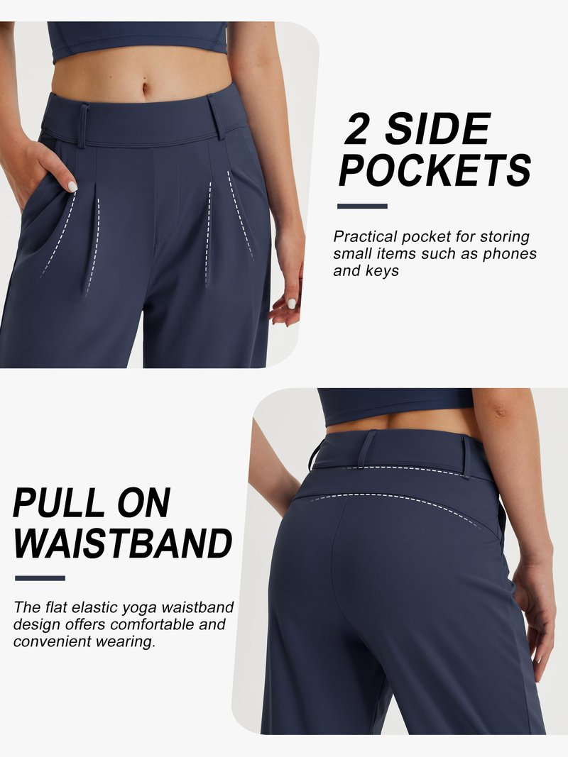 Libin Women's Wide Leg Work Pants 29" High Waisted Stretch Dress Casual Sweatpants Business Office Pants Trousers with Pockets,Navy Blue,Medium