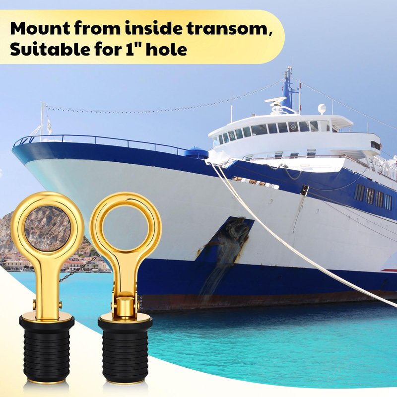 2 Pcs Brass Boat Plug for 1-Inch-Diameter Drains, Boat Drain Plug Locks in Place, Brass Handle