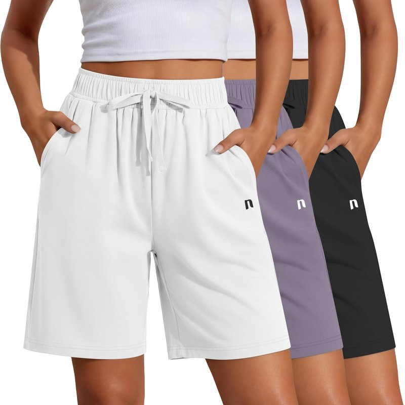 Neer 3 Pack Women's Quick Dry Shorts Women Drawstring High Waisted Bermuda Athletic Shorts with Pockets(Black,White,Dark Grey,X-Large)
