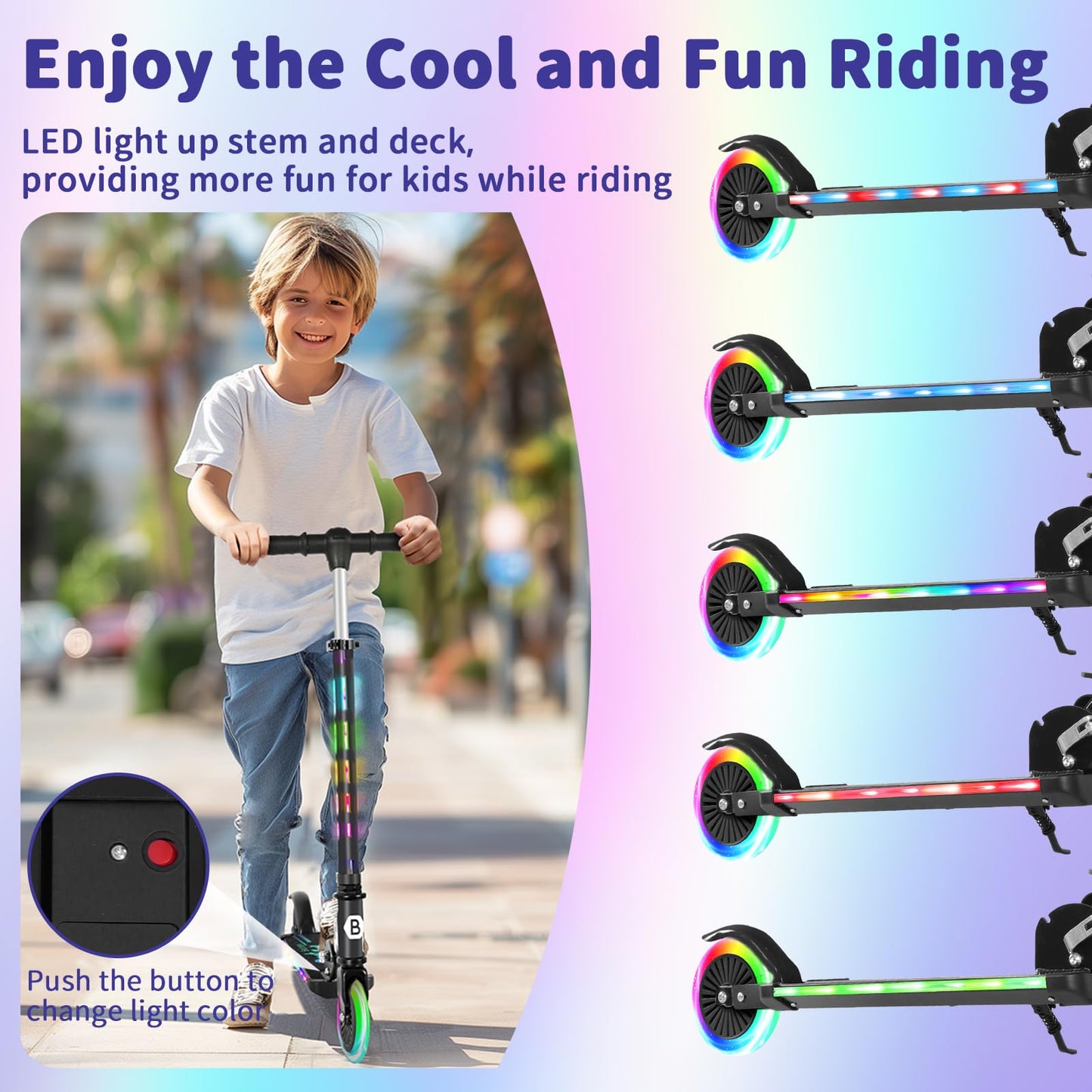 BELEEV Scooters for Kids with Light-Up Wheels & Stem & Deck, 2 Wheel Folding Scooter for Girls Boys, 4 Adjustable Height, Lightweight Kick Scooter with Kickstand for Children Ages 3-12 (Dark Black)