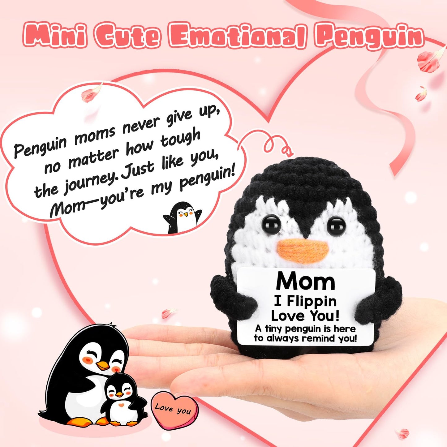 Positive Crochet Penguin, Mini Funny Brithday Galentines Valentines Gifts for Women Men Teens Boys Girls, Inspirational Appreciation Gifts for Coworker Friend Sister Her Him, Emotional Positive Decor