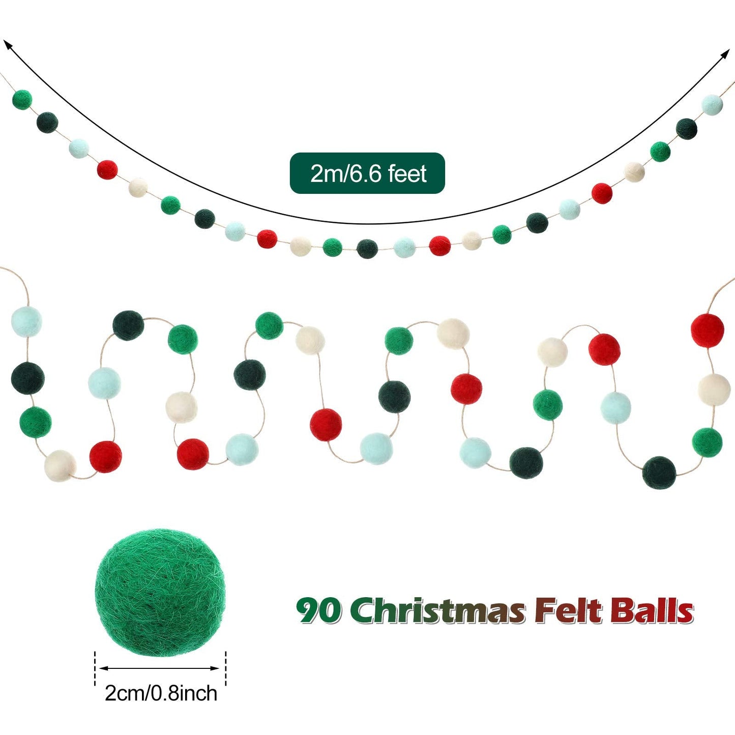 3 Pieces Christmas Felt Balls Garland Wool Pom Pom Garland Banner for Christmas Party Holiday Decoration(Red, White, Green, Lake Green, Dark Green)