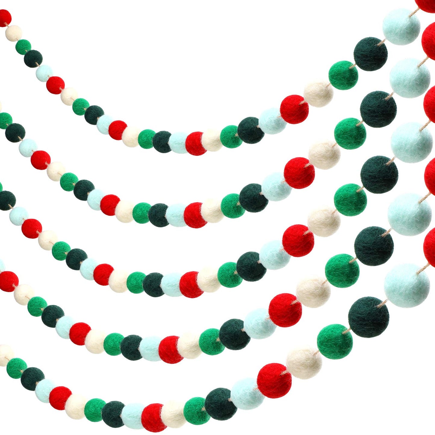 3 Pieces Christmas Felt Balls Garland Wool Pom Pom Garland Banner for Christmas Party Holiday Decoration(Red, White, Green, Lake Green, Dark Green)