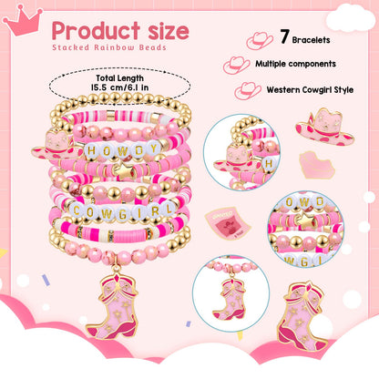 Artlunar Western Cowgirl Beaded Stretch Bracelets, Stackable cowgirl hat boot accessories, Bohemian Jewelry for Women Girls Teens Christmas Birthday Gift Pink