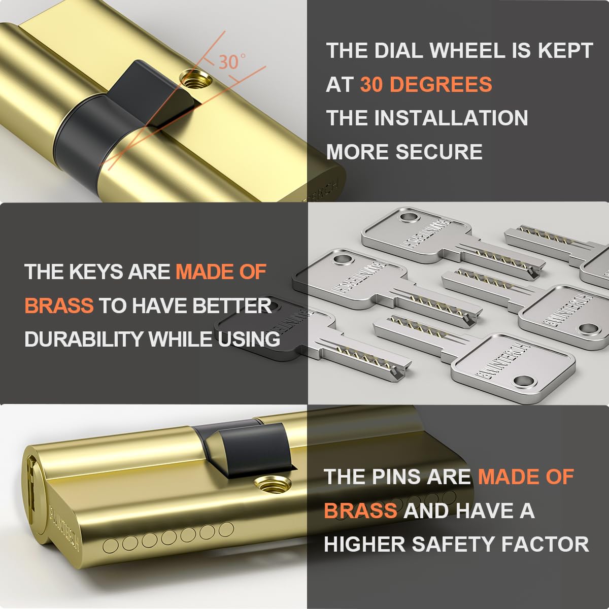 Bwintech Keyed Alike 30/30 mm Euro Brass Cylinder, 60 mm Key/Key Cylinder Lock with 10 Horizontal Brass Keys, Anti Picking, Anti Drill, Anti Bumping, Polished Brass Finish