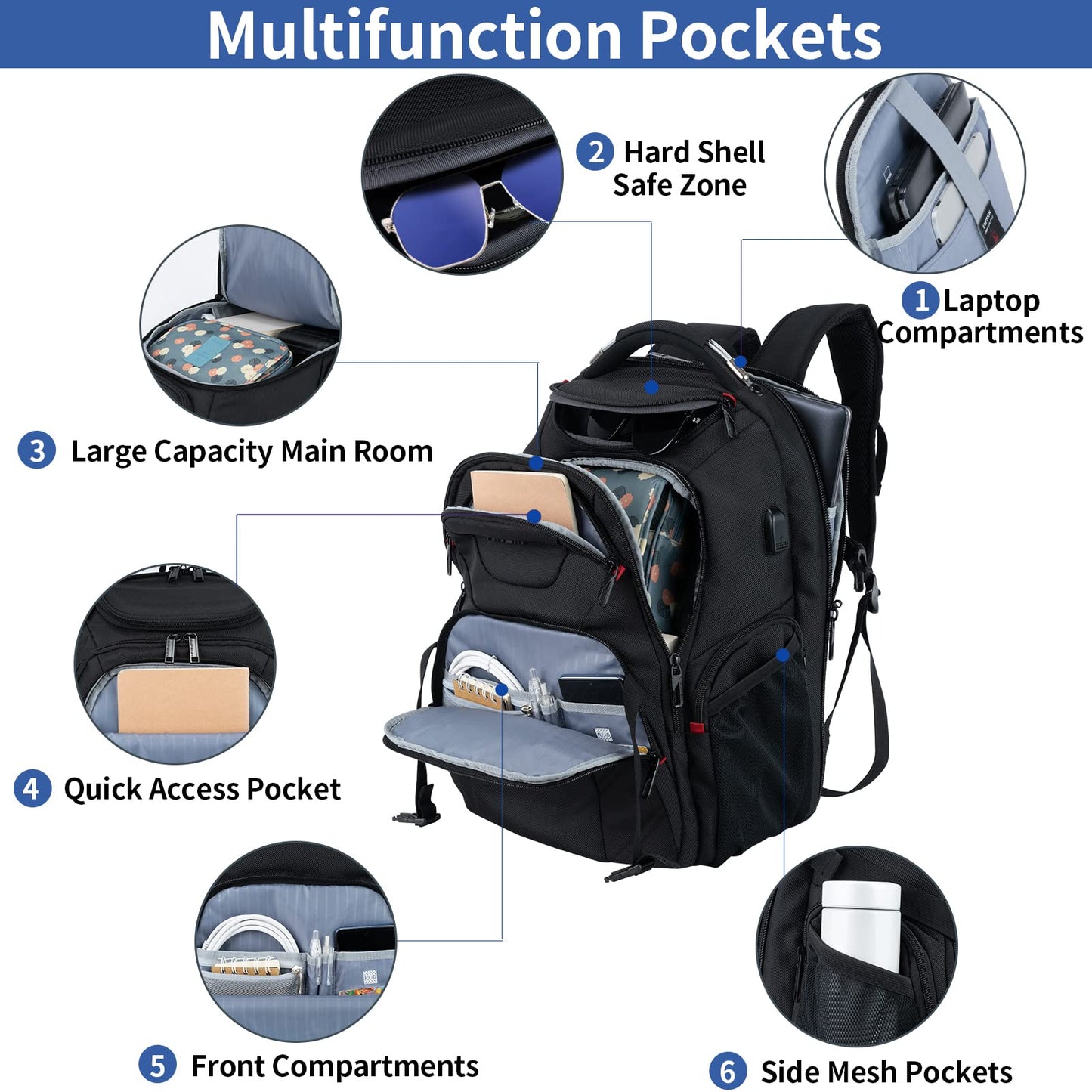VANKEAN 17.3'' Travel Laptop Backpack TSA Friendly, Water Resistant Anti Theft Extra Large Backpack with RFID Pockets College Backpacks with USB Port for Men Women School Business Work Bag, Black