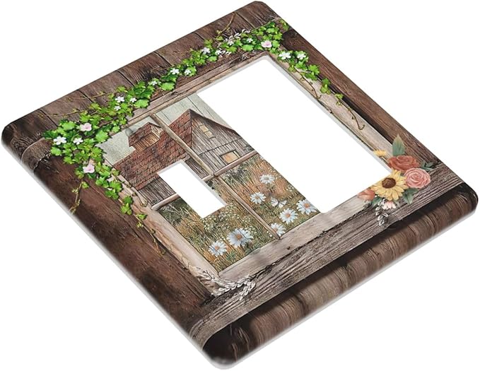 Farm Barn Farmhouse Rustic Country Flower 2 Gang Combination Light Switch Cover Decorative Toggle Rocker/Decora Wall Plate Electrical Faceplate for Bathroom Kitchen Home Decor