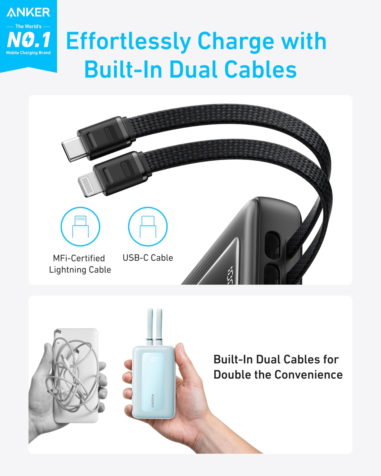 Anker Zolo Power Bank, 10,000mAh 30W Max Fast Portable Charger with Built-in USB-C and MFi Certified Lightning Cables, USB-C&A, Battery Pack for iPhone 16/15 Series, MacBook, Galaxy
