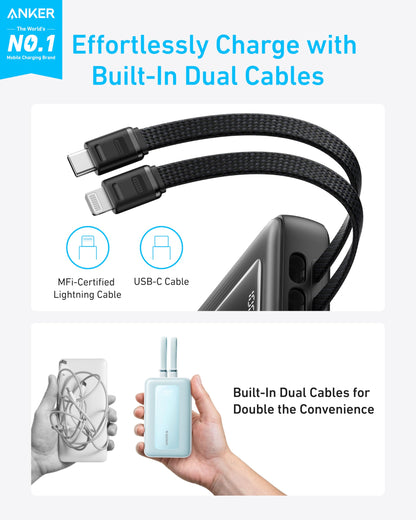 Anker Zolo Power Bank, 10,000mAh 30W Max Fast Portable Charger with Built-in USB-C and MFi Certified Lightning Cables, USB-C&A, Battery Pack for iPhone 16/15 Series, MacBook, Galaxy