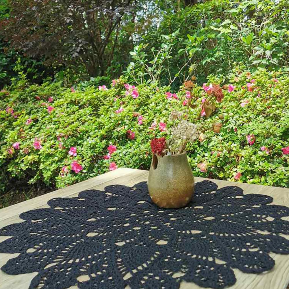 Phantomon 20 Inch Lace Doilies Table Placemats Handmade Crochet Cloth Round Coasters Knitted Doilies for Tables Sofa Cover, 100% Cotton (Black)