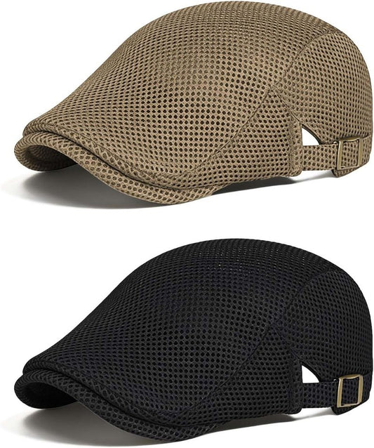 Men's Flat Caps - Adjustable Breathable Mesh Newsboy Beret | 2-Pack Irish Cabbie Hats