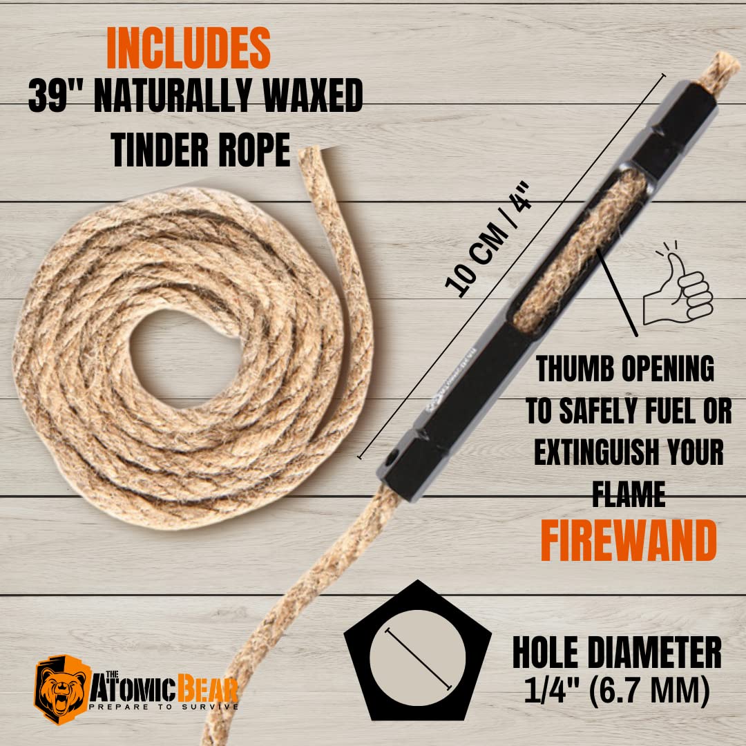 Fire Starter Wick for Campfires - Firewand Survival Tool Serves as a Waterproof Match - Easy to Light with Flint and Steel - Extinguish The Flame Inside The Wand's Tube- 39" Tinder Rope for Long Burn